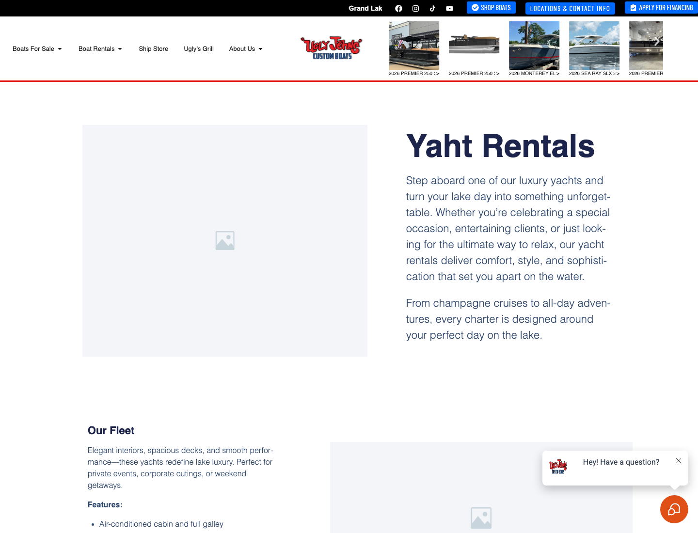 Yacht rentals screenshot showing typo and placeholder images